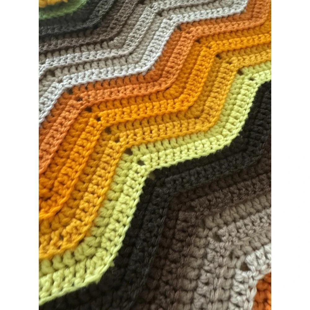 Crochet Afghan Throw Blanket 60x50 In Orange Tassels Zig Zag Handmade